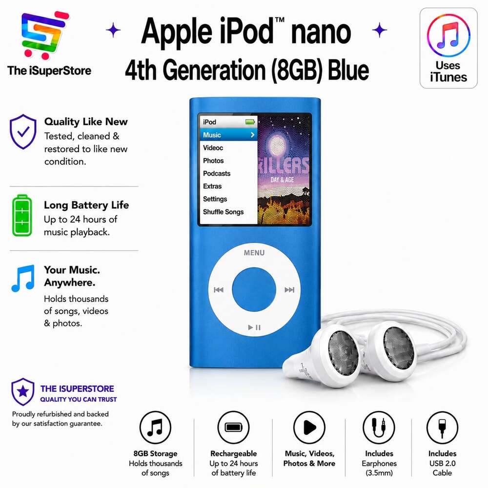 Apple iPod Nano 4th Generation 8GB Blue- New Battery- 1 YR CPS warranty !